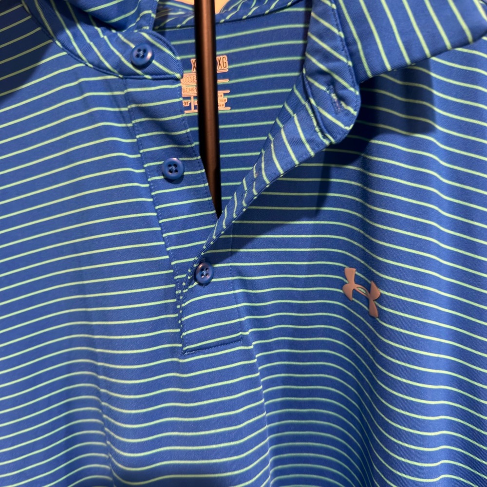 Under Armour Mens XL HeatGear Blue Teal Striped Loose Fit Golf Polo Shirt - Picture 4 of 8